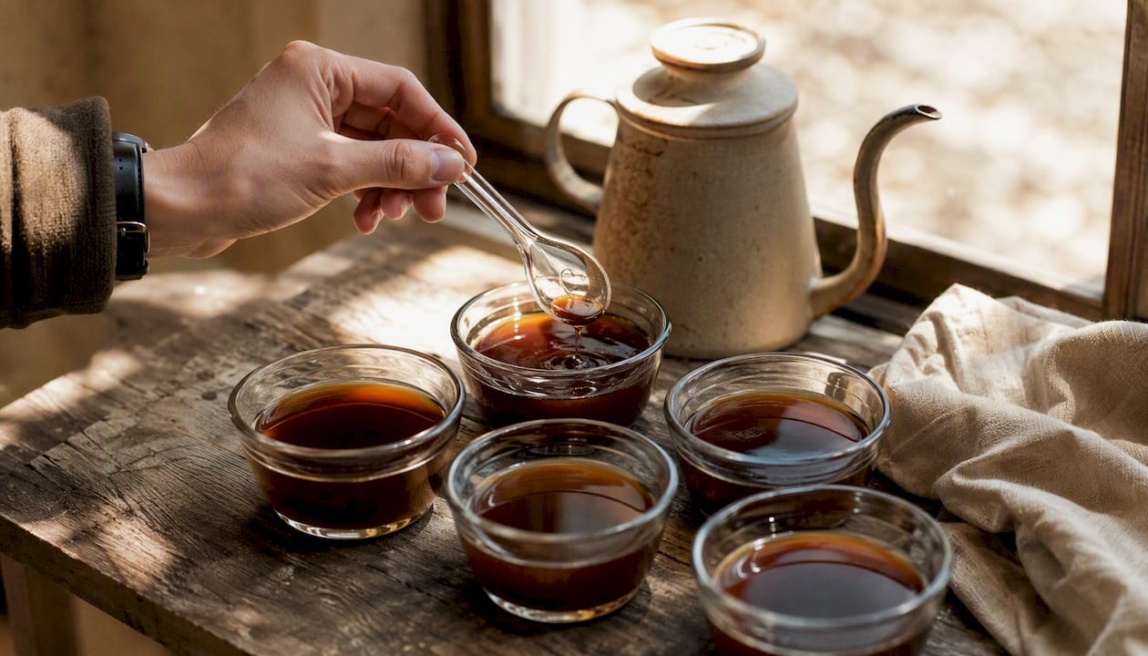 Hand tasting coffee sampler with cupping bowls