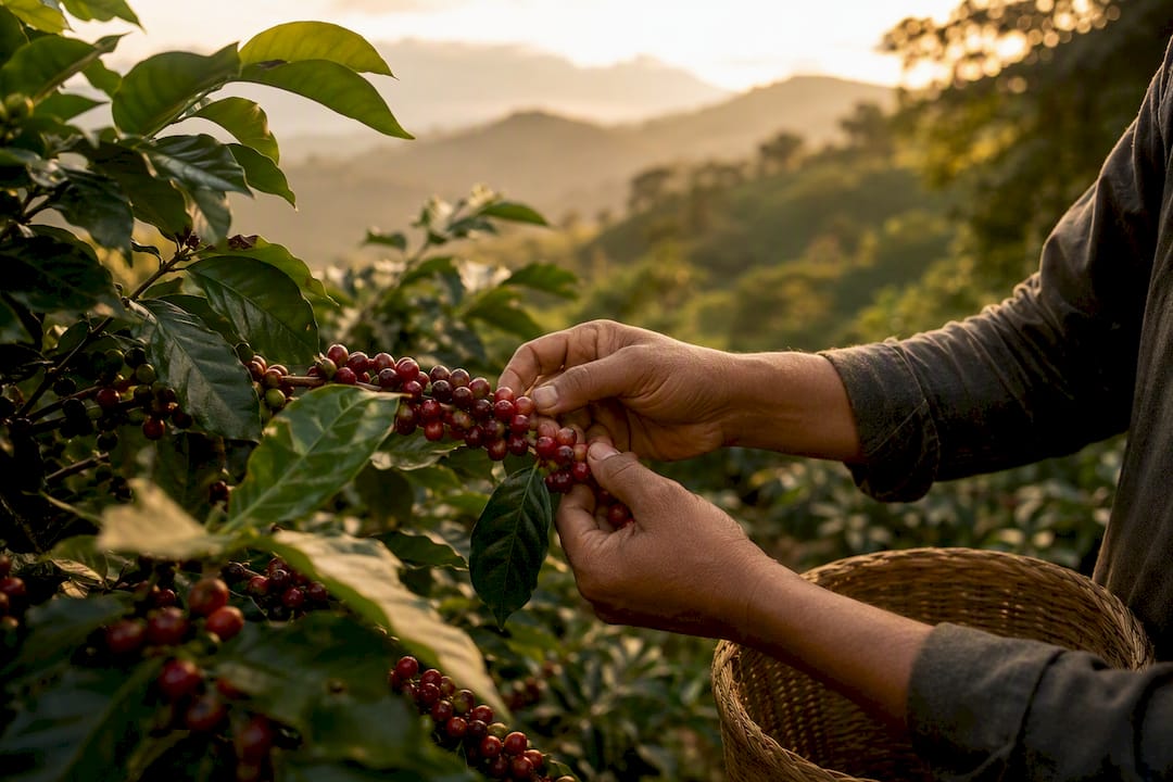 Hands picking coffee cherries on farm branch