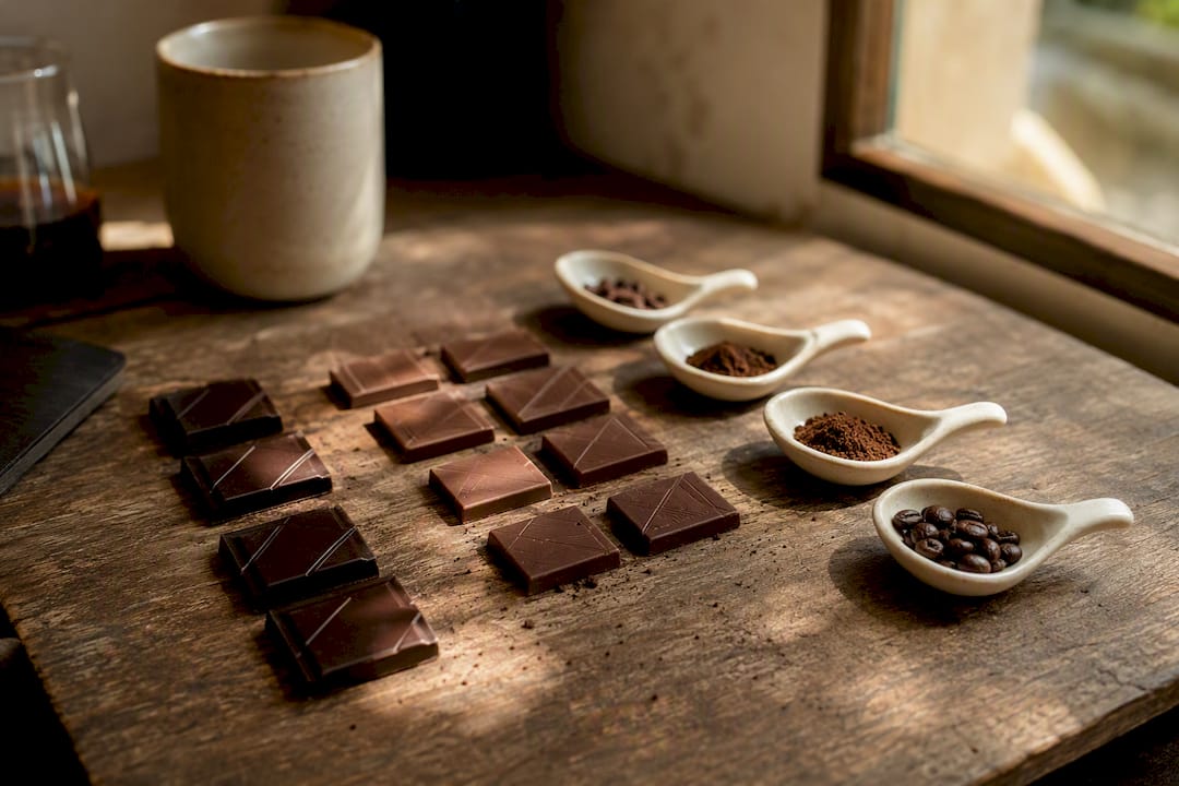 Chocolate squares and coffee tasting note spoons