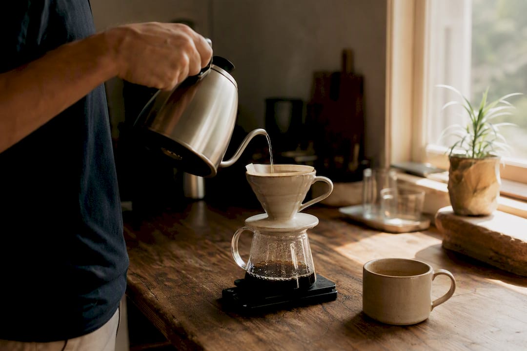 Hand gently pouring coffee, showing ritual