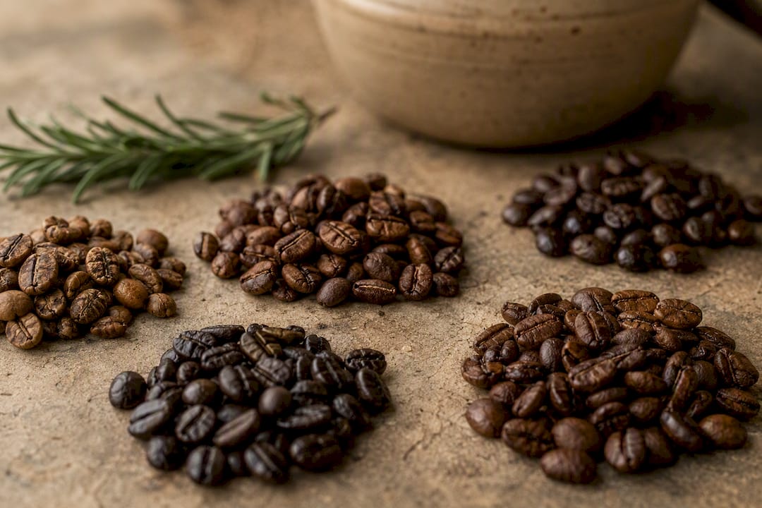 Close-up of different roasted coffee beans varietals