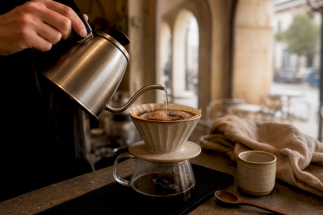 Pour-over coffee bloom with bubbling grounds