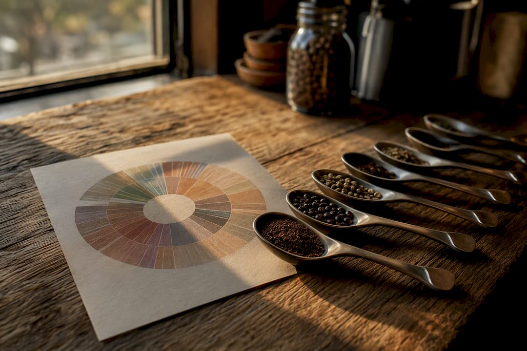 Coffee flavor wheel concept with beans
