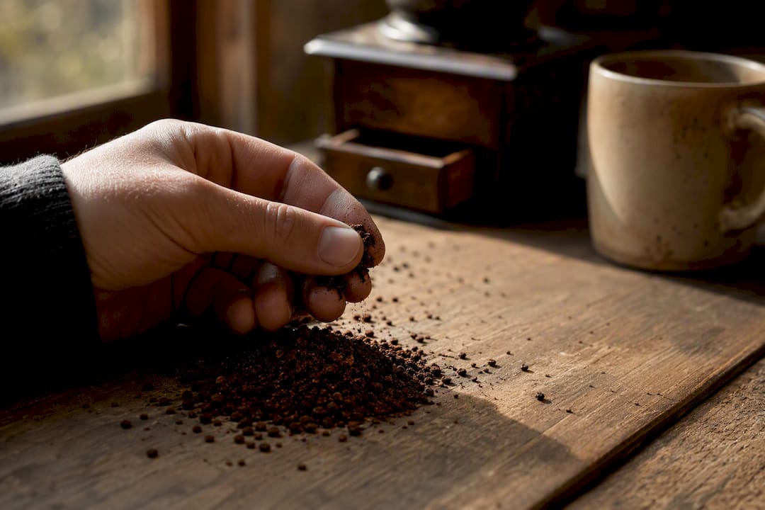 Hands feeling coffee grind texture