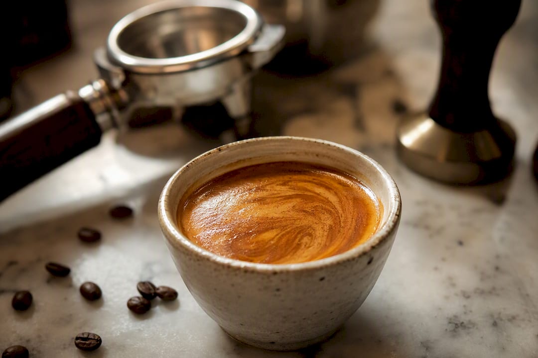 Espresso shot with thick crema on wooden table