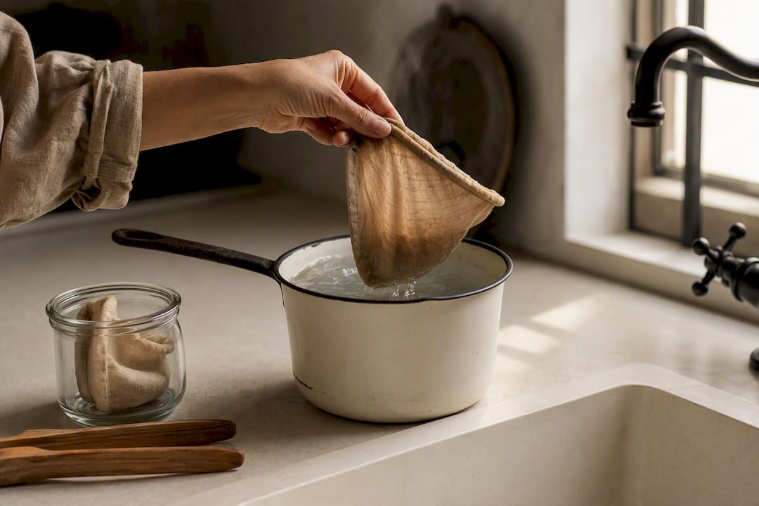 Cloth coffee filter lifted from boiling water