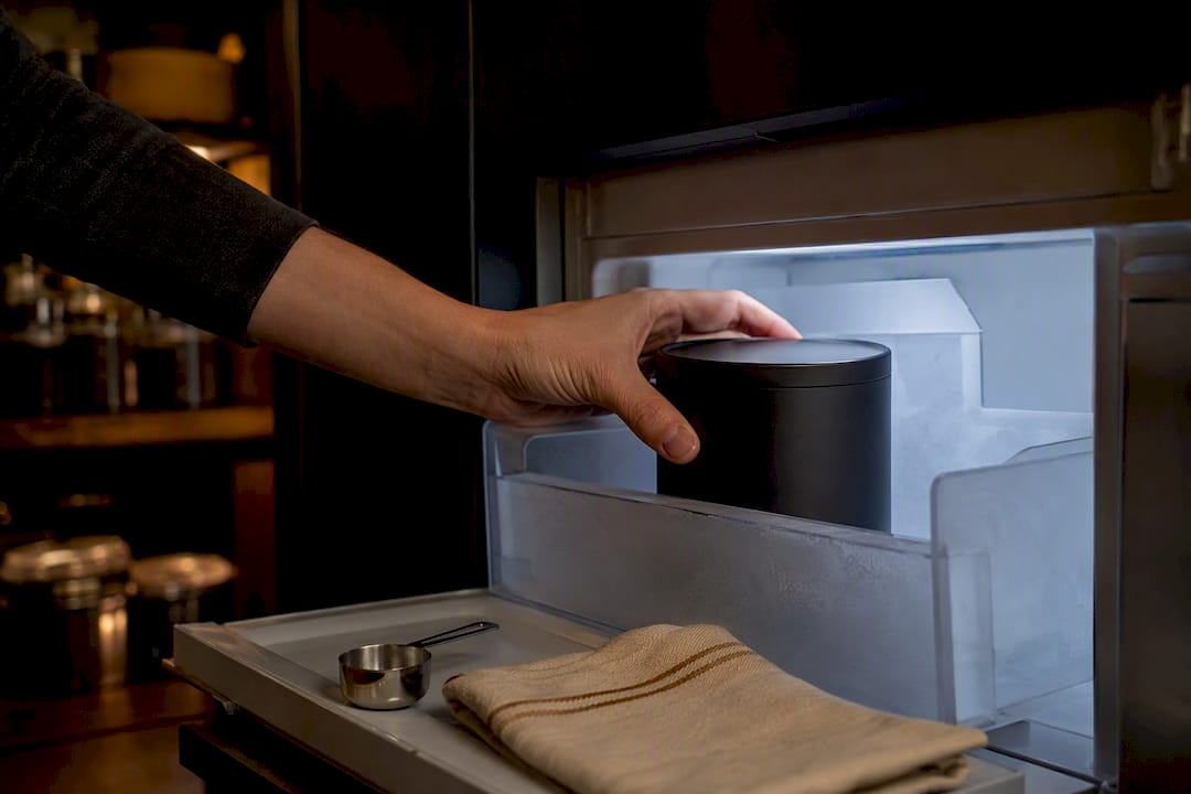 Sealed coffee container stored in freezer