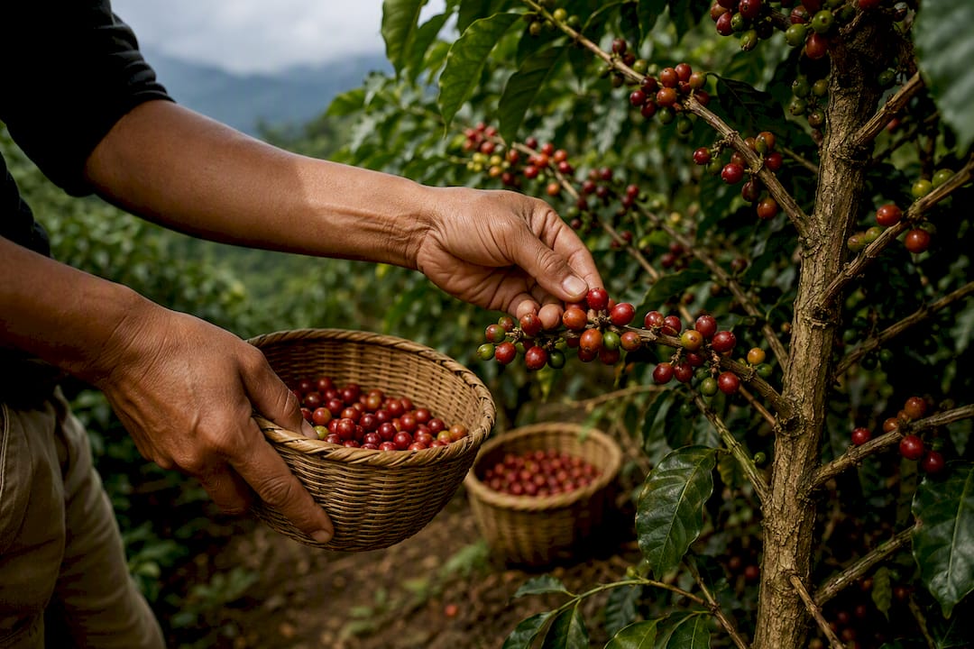 Hands selectively picking ripe coffee cherries