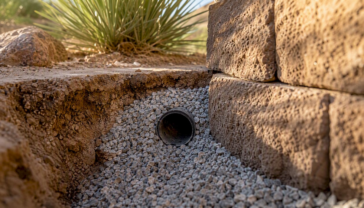 Drainage pipe and gravel behind retaining wall