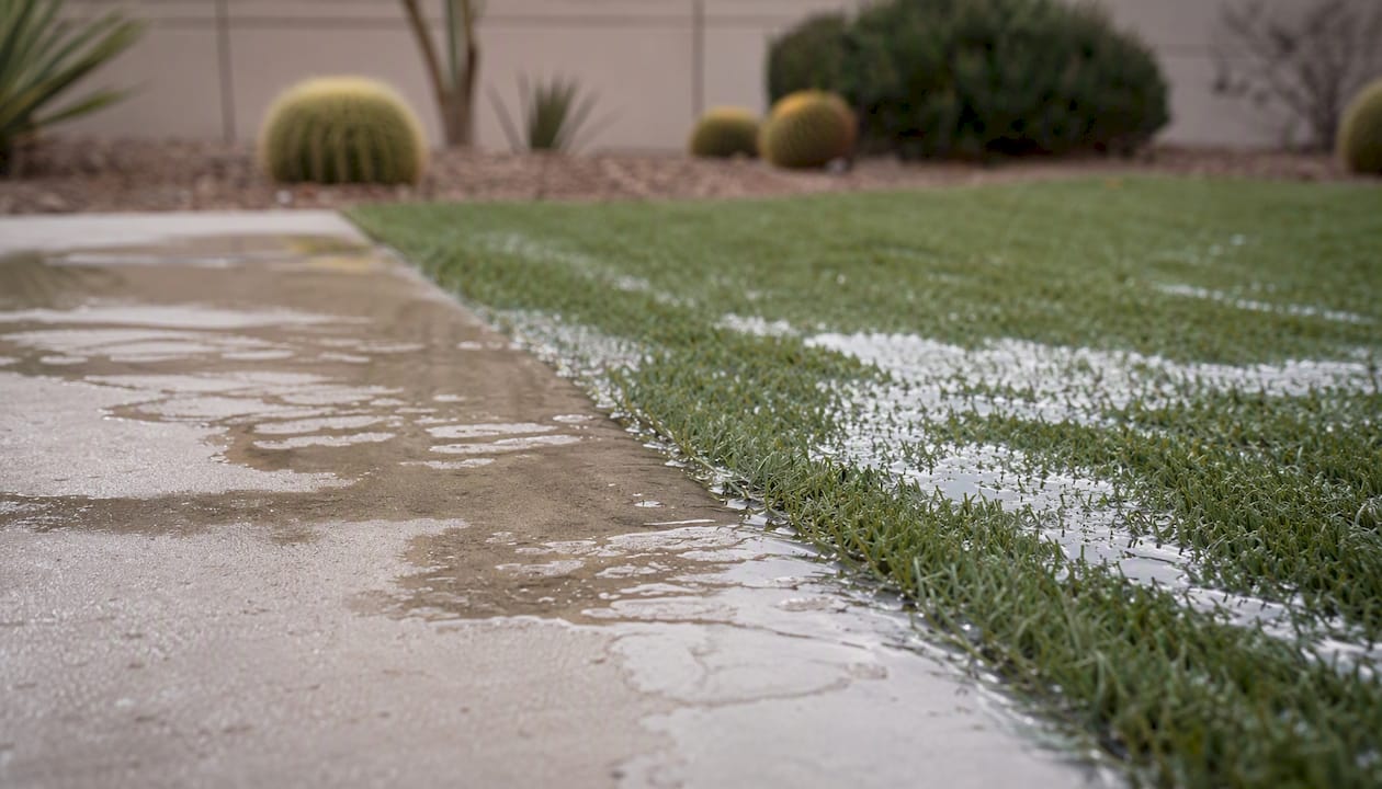 Pooling water on artificial turf over concrete