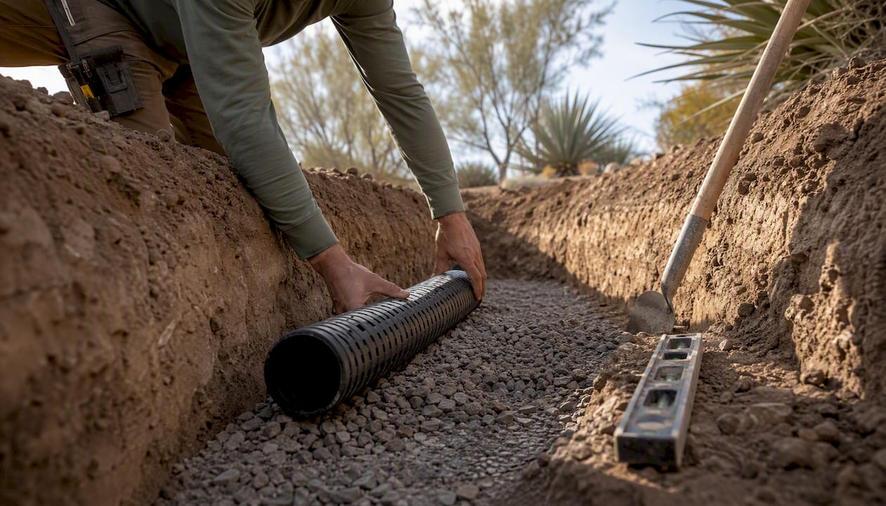 Drainage pipe and gravel installation in retaining wall trench