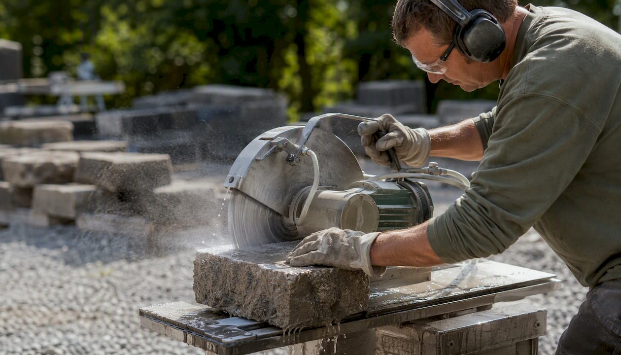 Hands cutting segmental block with safety gloves and glasses
