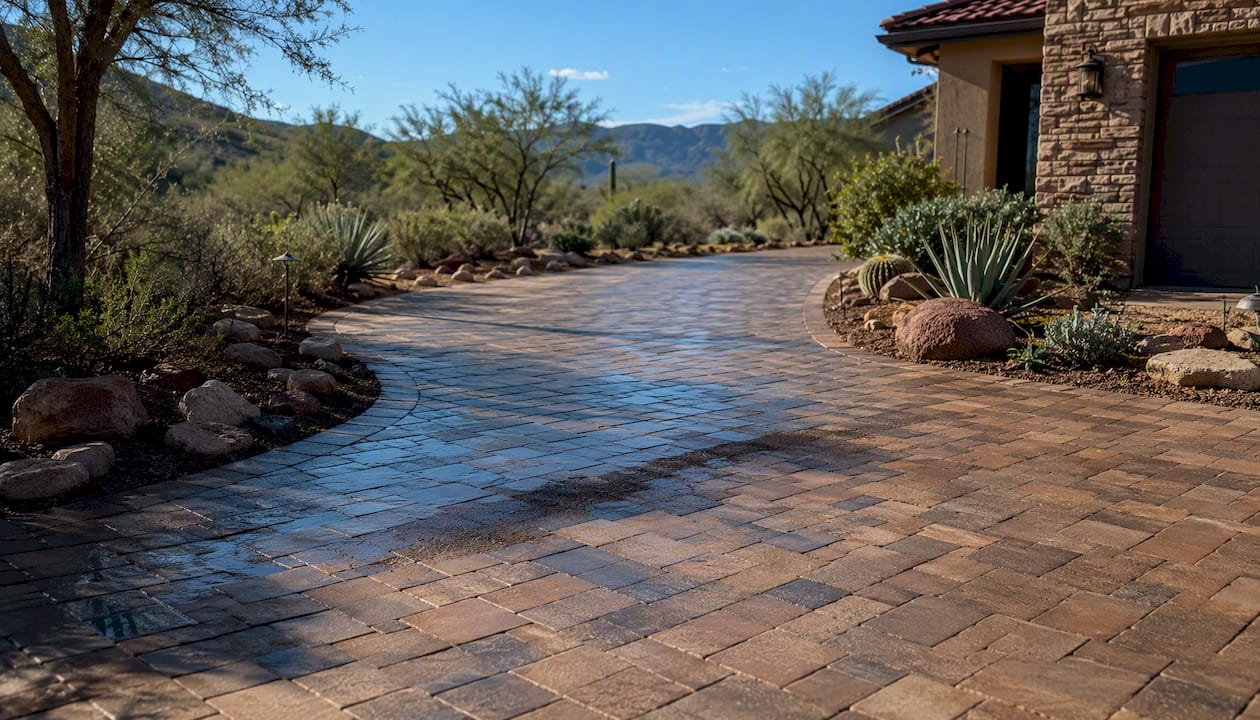 Driveway slope channeling water runoff