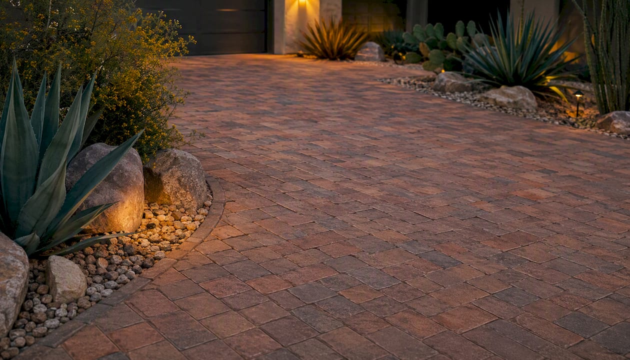 Close-up of clay brick pavers on driveway
