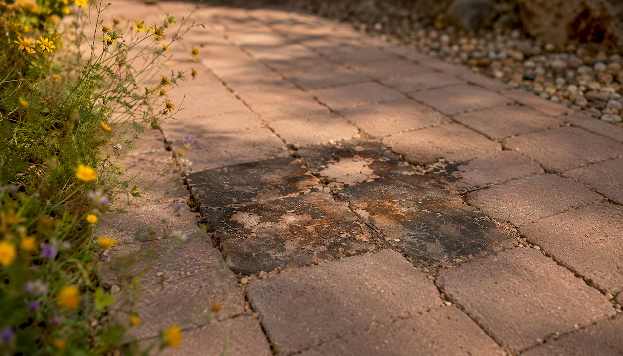 Deeply stained and damaged pavers in driveway