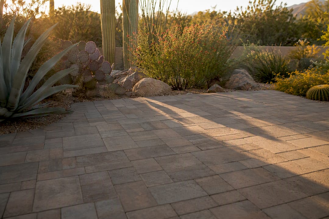 Concrete paver patio in desert backyard