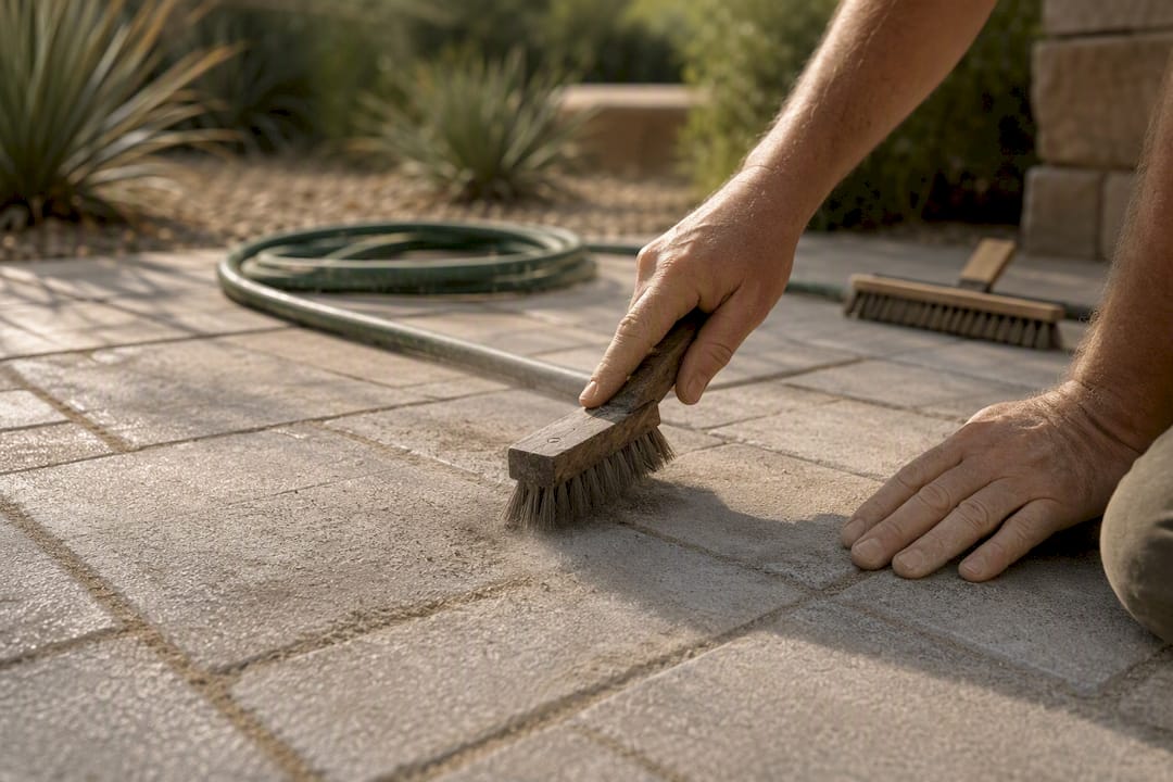 Hands brushing polymeric sand residue from paver surface