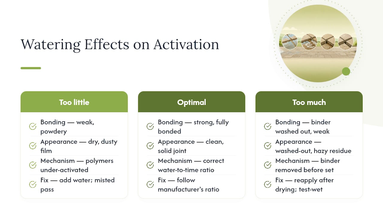 Diagram comparing polymeric sand activation watering methods