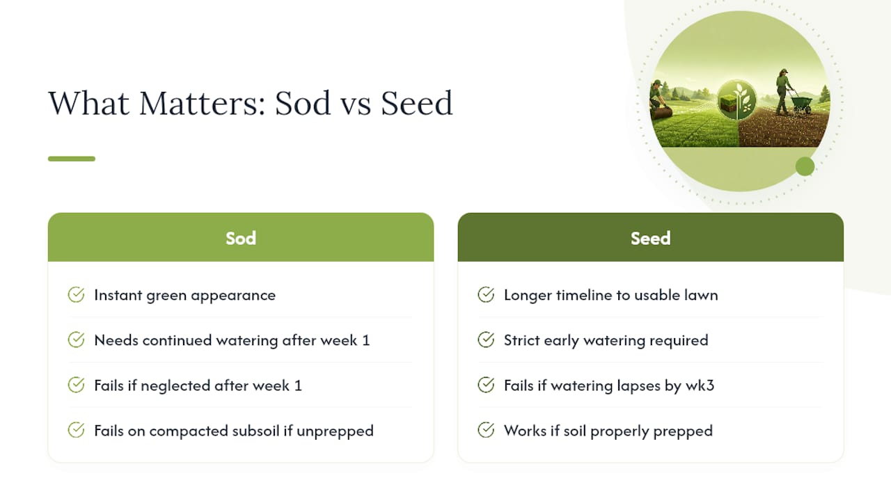 Diagram comparing sod and seed timelines and watering needs
