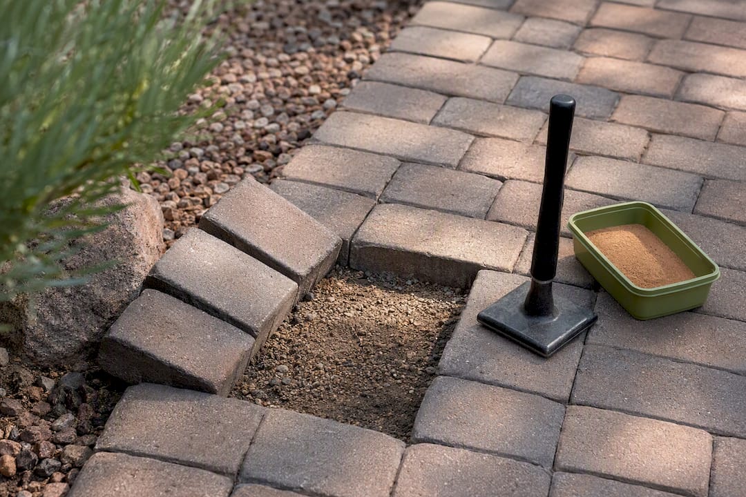 Lifted pavers reveal driveway repair base