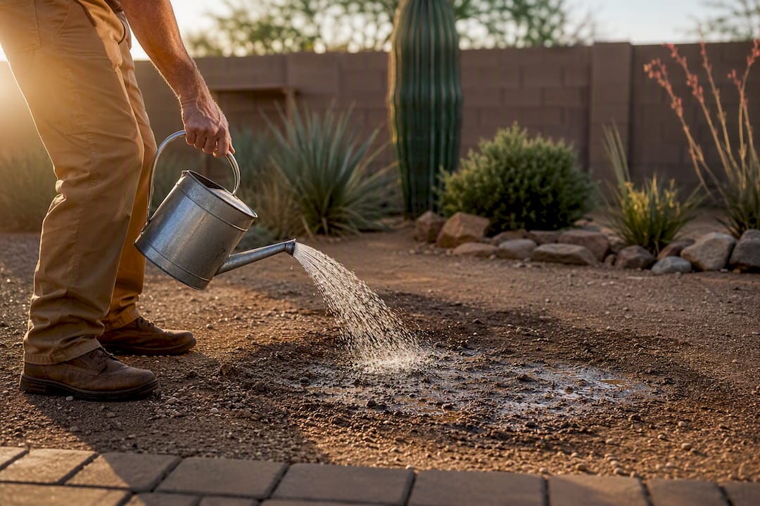 Homeowner watering bare soil at sunrise