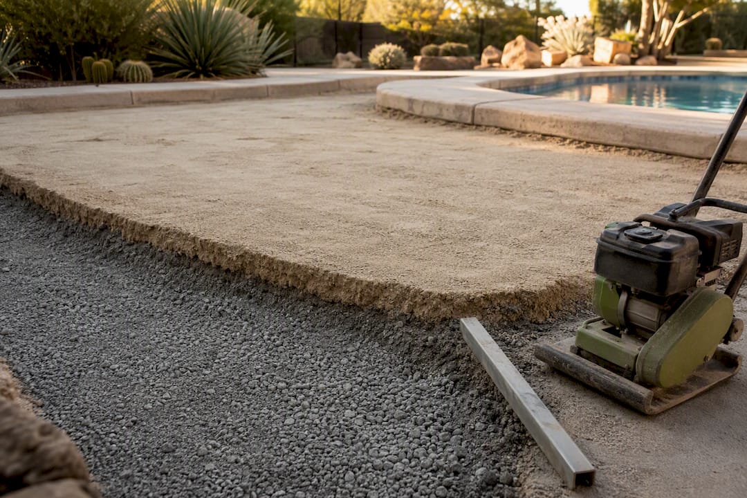 Compacted gravel and sand pool deck base