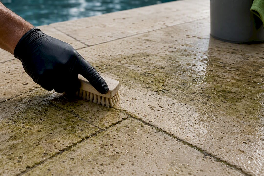 Organic film being scrubbed from travertine