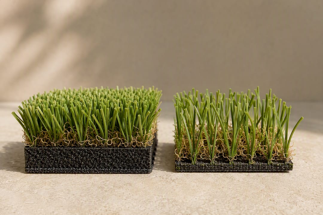 Two turf cross-sections comparing fiber density