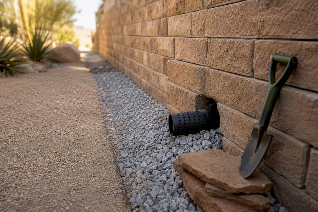 Retaining wall drainage outlet and gravel
