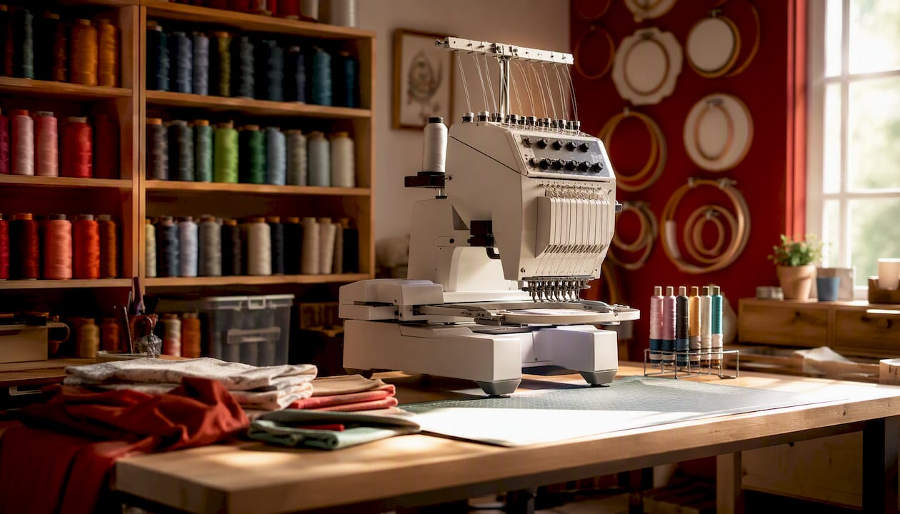 Embroidery workspace with threads and accessories
