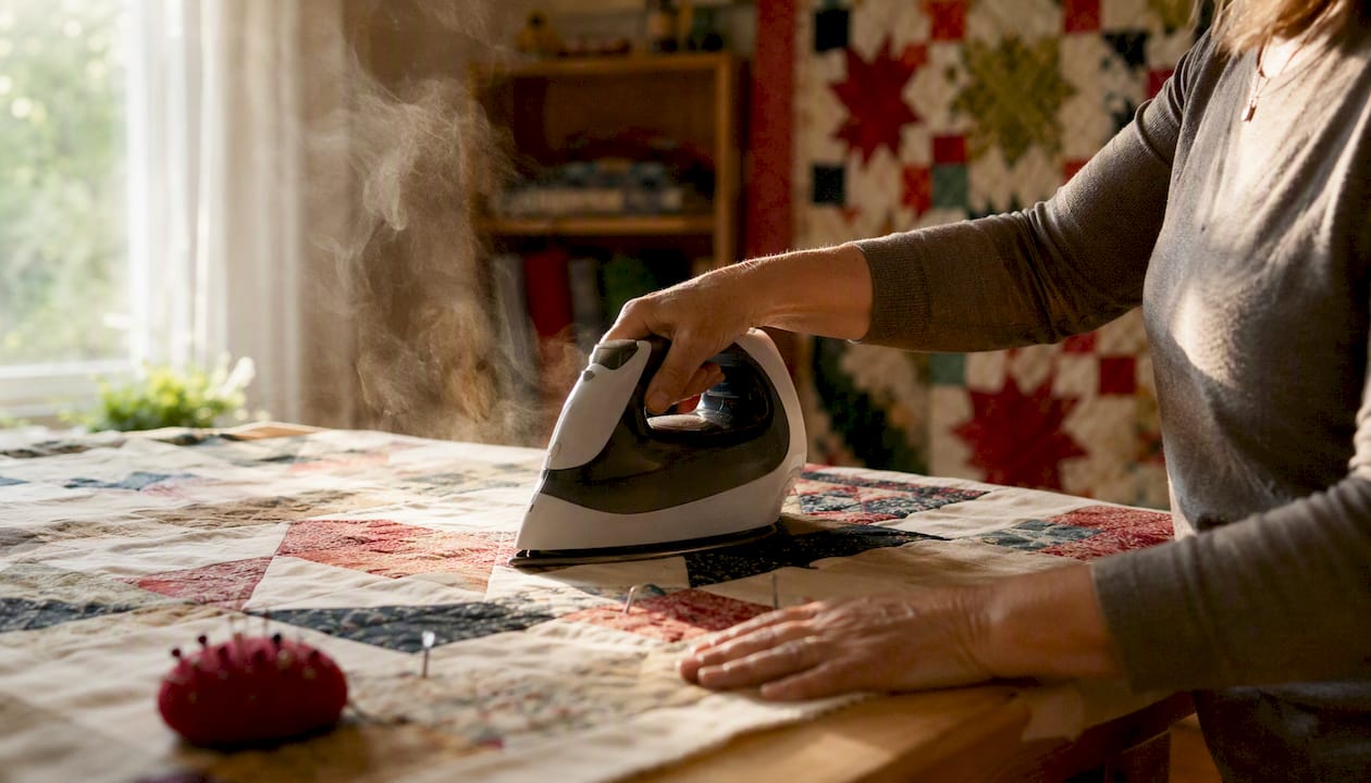 Cordless iron pressing quilt block