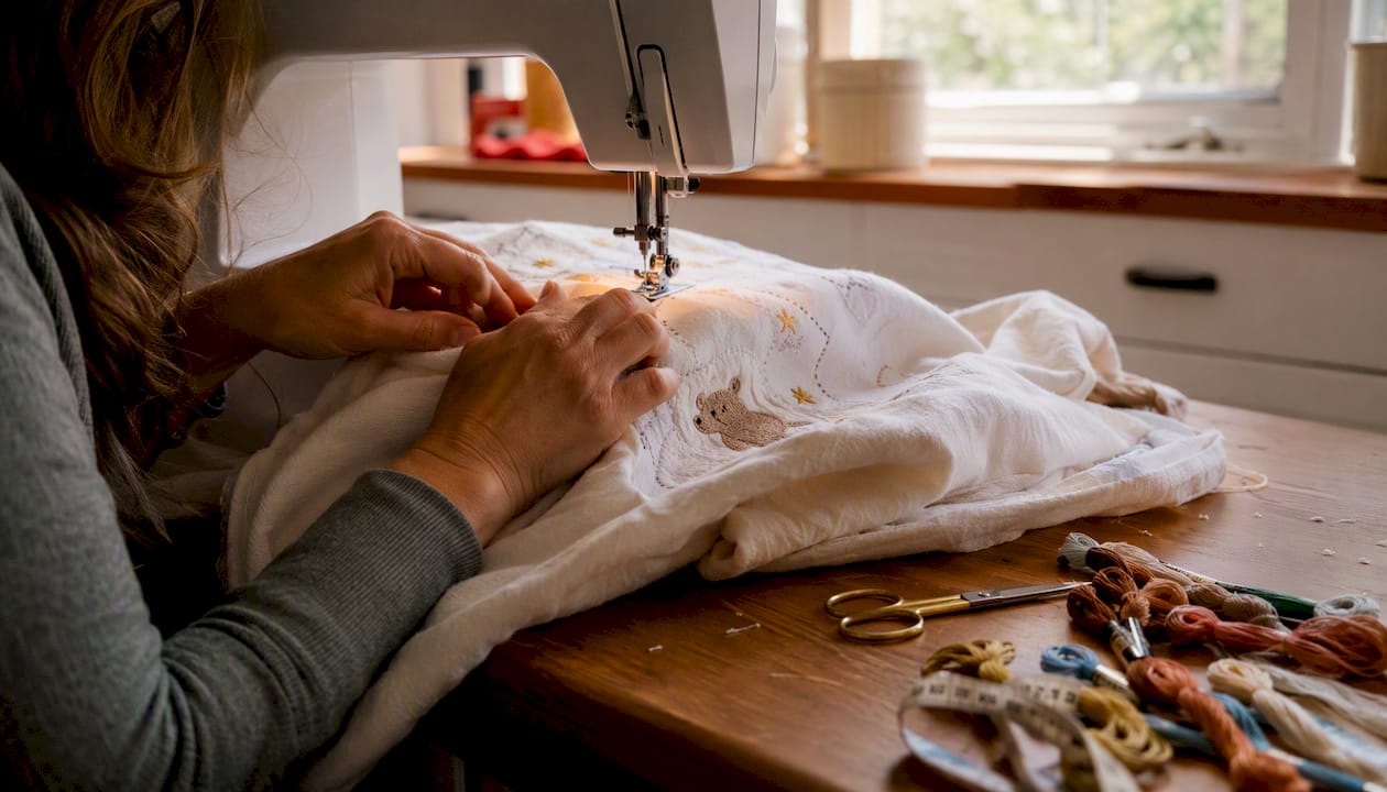 Hands embroidering baby blanket at home