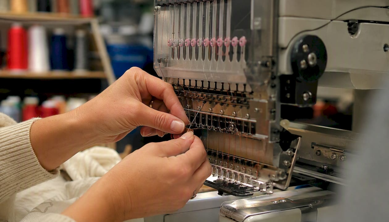 Hands threading multi-needle embroidery machine