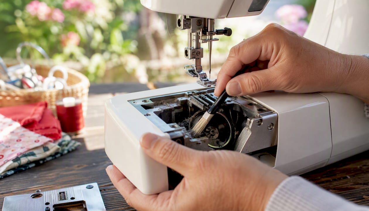 Hands cleaning lint from sewing machine bobbin area