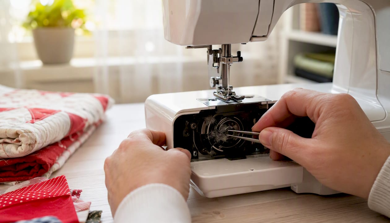 Hands cleaning bobbin lint from sewing machine