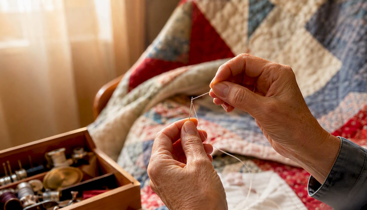 Hands threading cotton quilting thread through needle