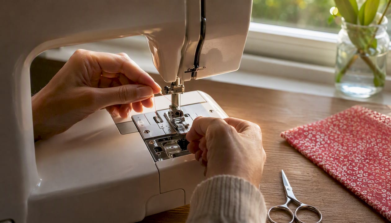 Hands rethreading sewing machine with foot raised