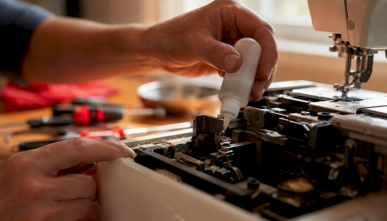 Hands oiling sewing machine parts