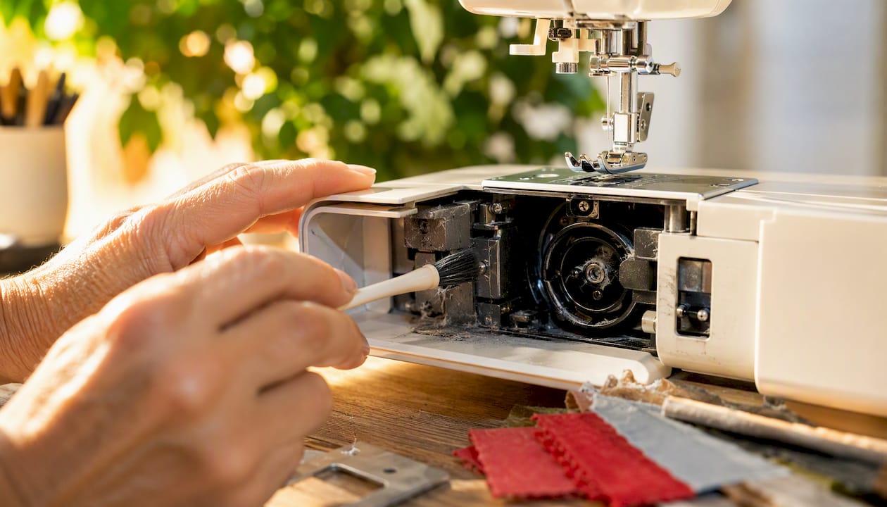 Hands brushing lint from bobbin area
