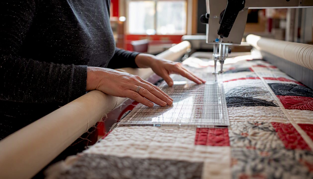 Hands guiding longarm quilting ruler on quilt top