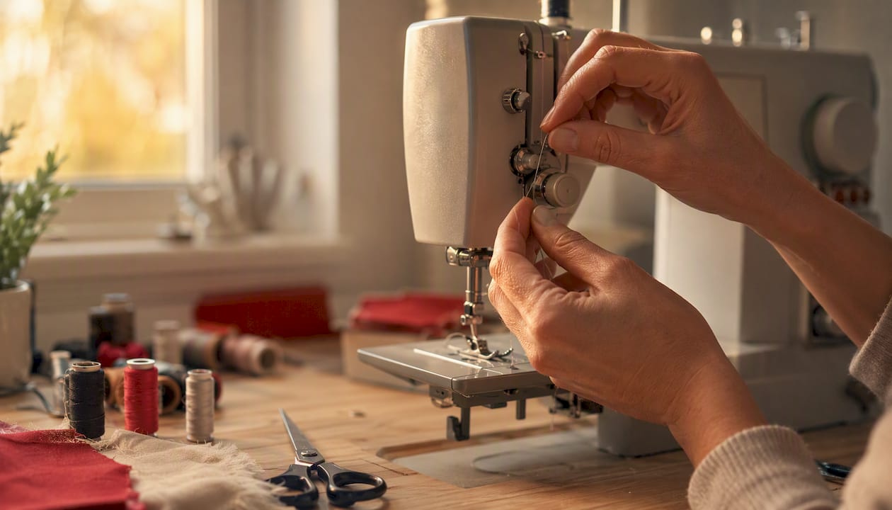 Hands rethreading sewing machine tension discs