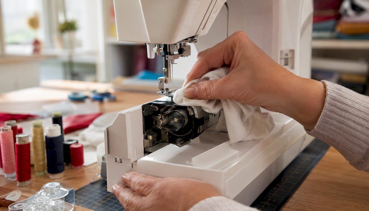 Hands cleaning lint from sewing machine tension discs