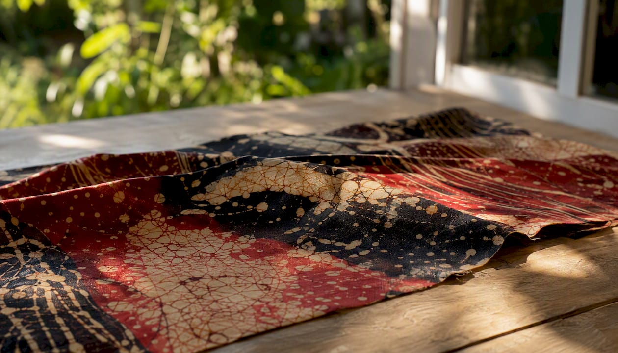 Close-up of wax crackle texture on authentic batik fabric