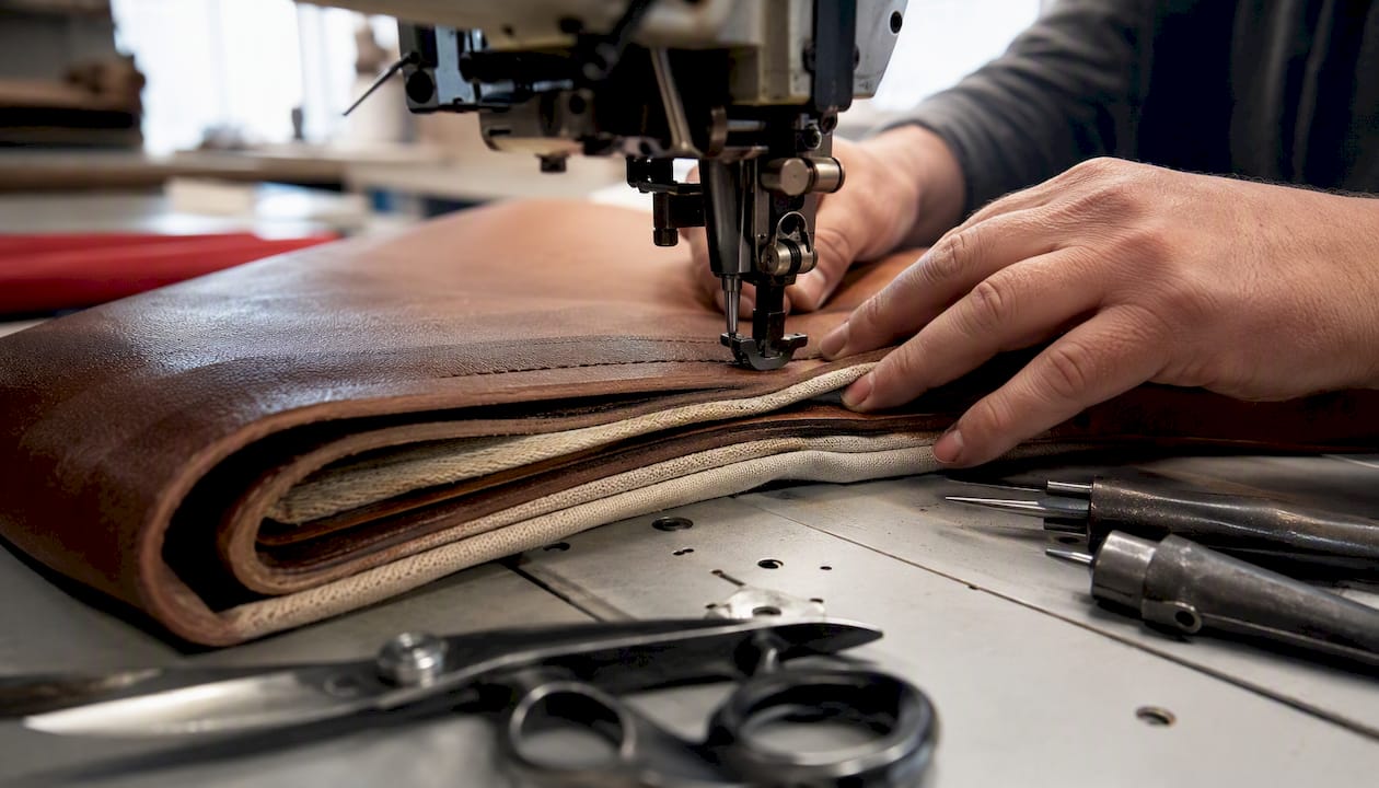 Hands sewing heavy leather on industrial machine detail