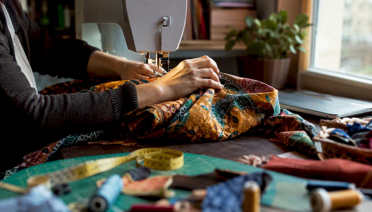Hands sewing quilting cotton fabric on domestic machine