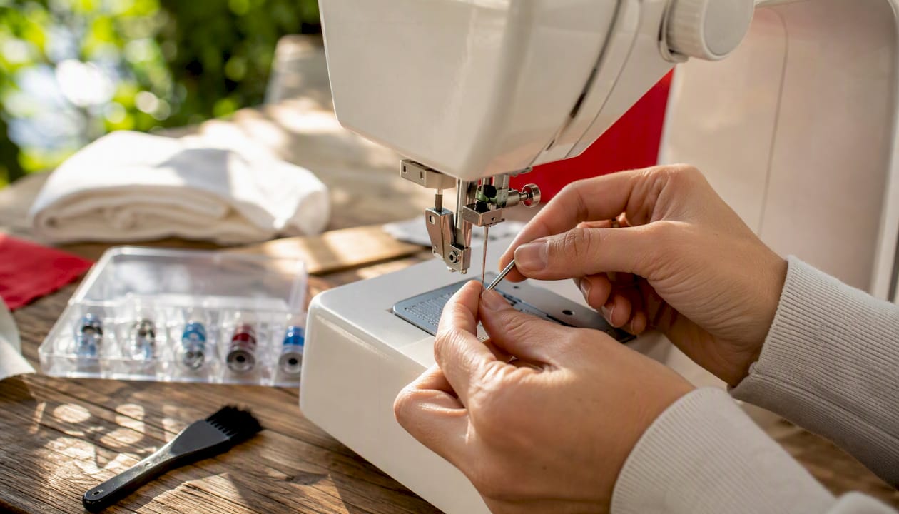 Hands changing needle with bobbins and lint brush nearby