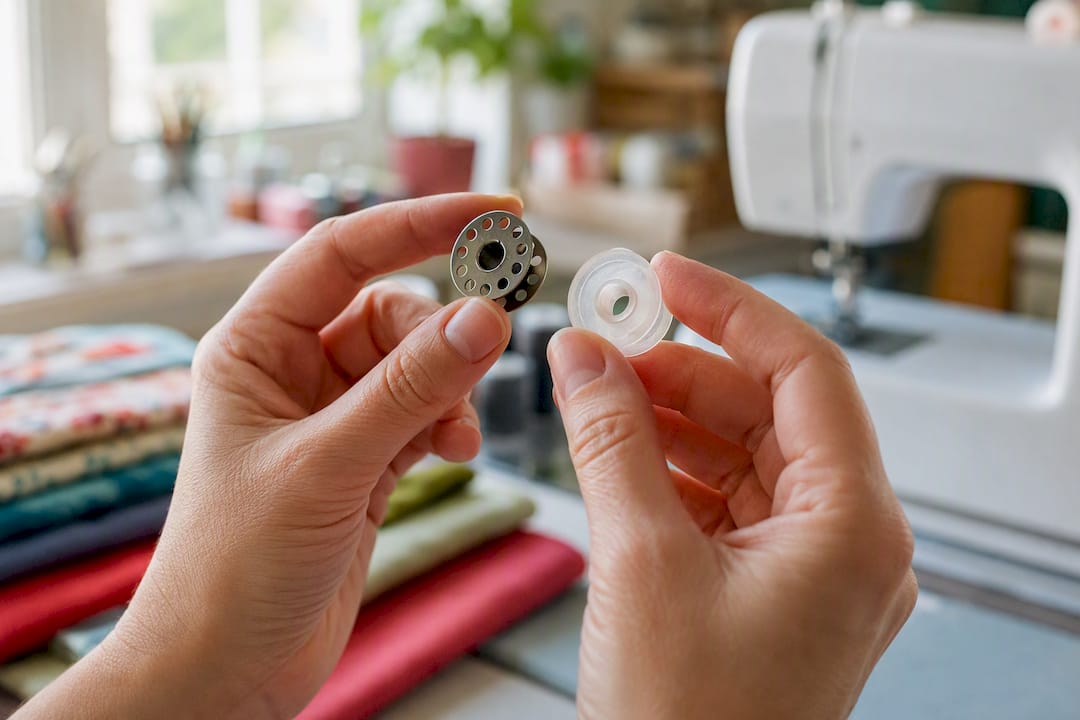 Hands comparing metal and plastic sewing bobbins