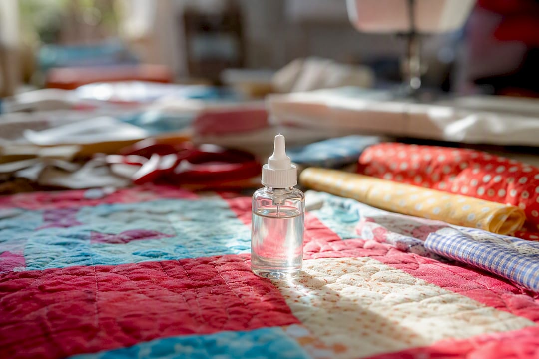 Clear sewing machine oil bottle on table