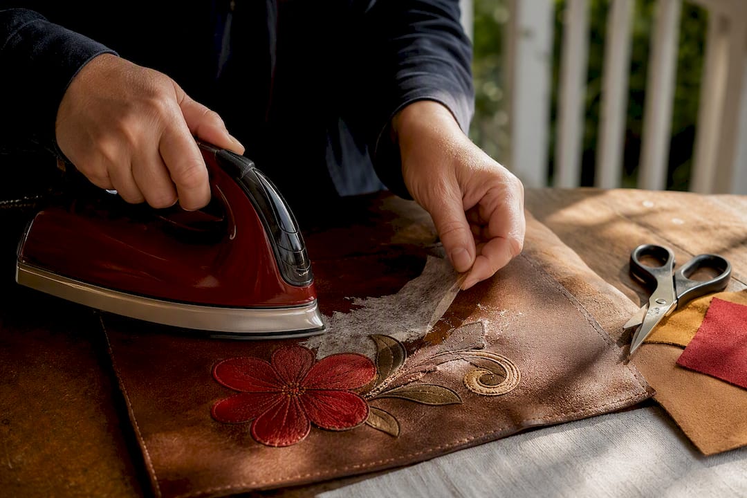 Hands ironing heat-away stabilizer off leather appliqué