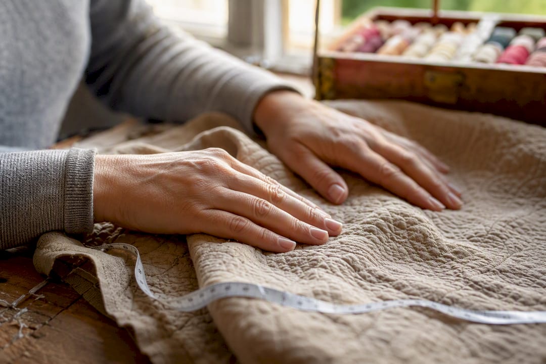 Hands feeling quilting fabric weave texture